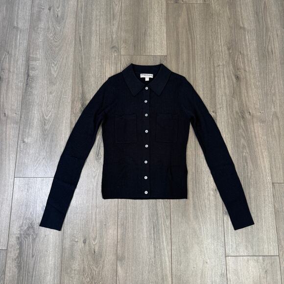 J.Crew Collared Button Up Collared Sweater SZ S Black Merino Wool Ribbed Stretch - Picture 2 of 6